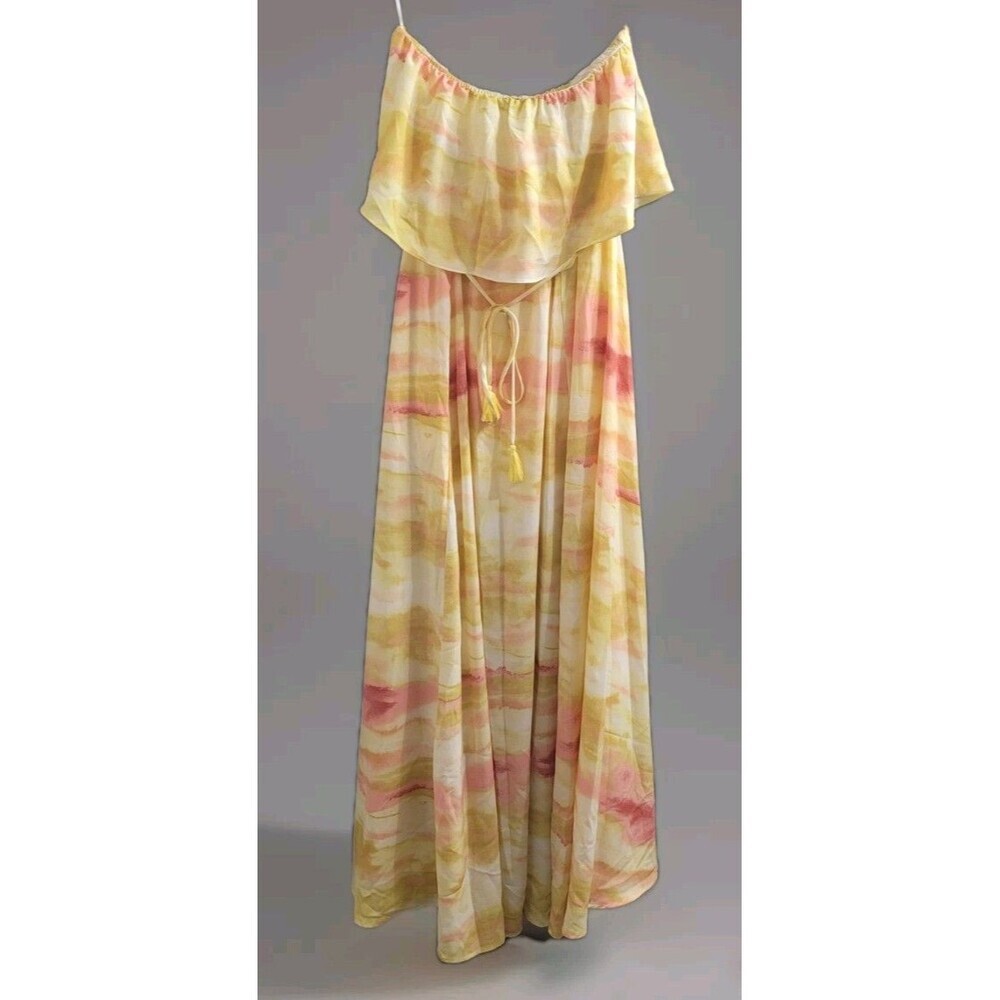 Lulu's Full of Sunshine Yellow Tie-Dye Strapless Maxi Dress Medium Spring NEW